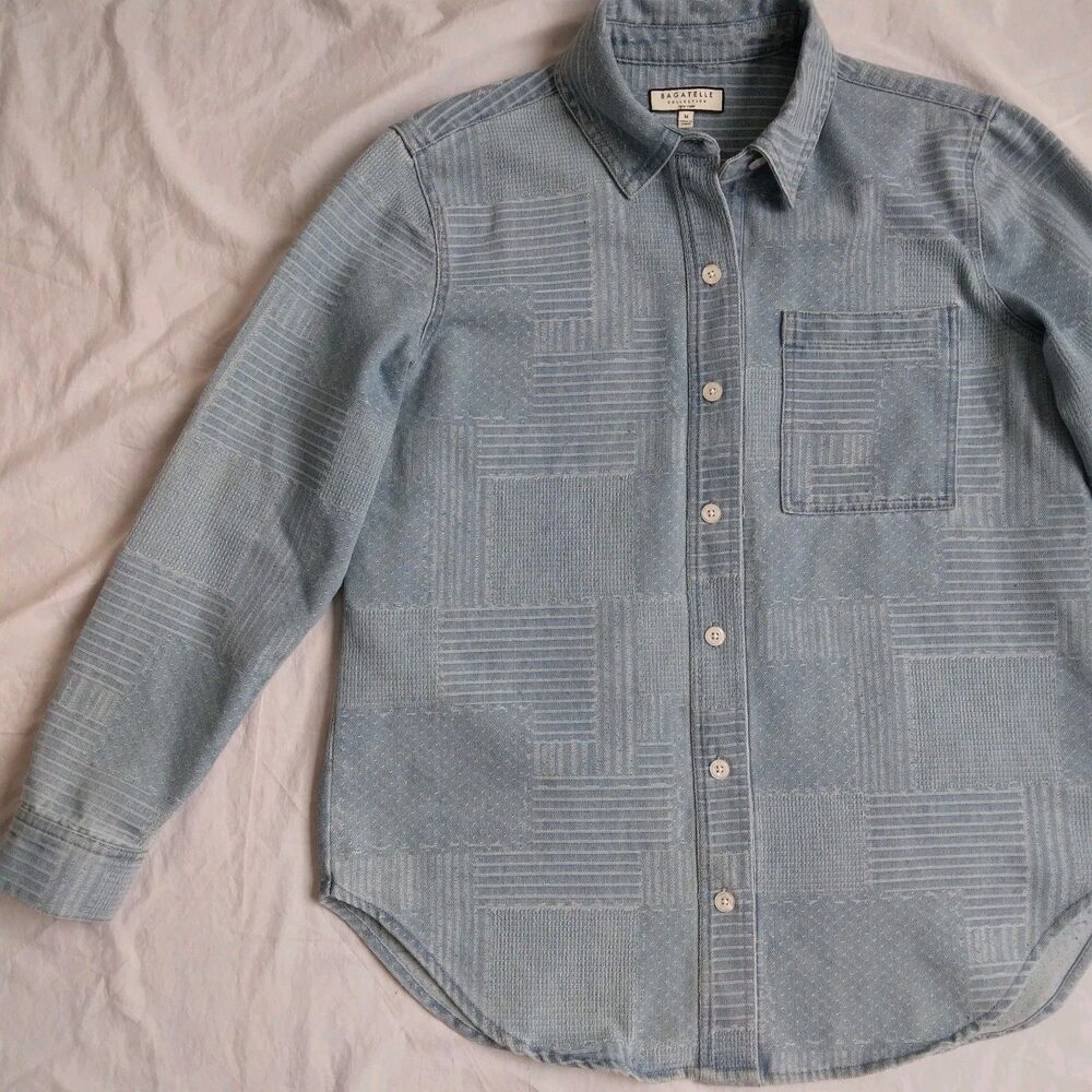 Bagatelle Collection Denim Shirt Shacket Textured Patchwork Button Down Womens M - Picture 3 of 12